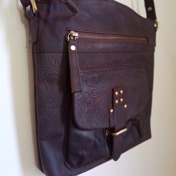 Rustic Dark brown floral embossed burnished leather crossbody bag - Picture 1 of 11